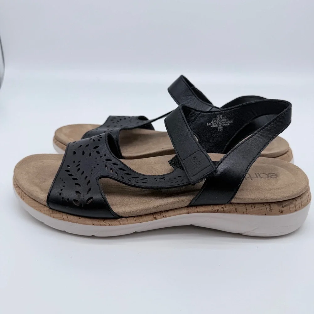 Earth Etrecent Black Leather Laser Cut Comfort Sandals Women‎ 12M ETRECENT